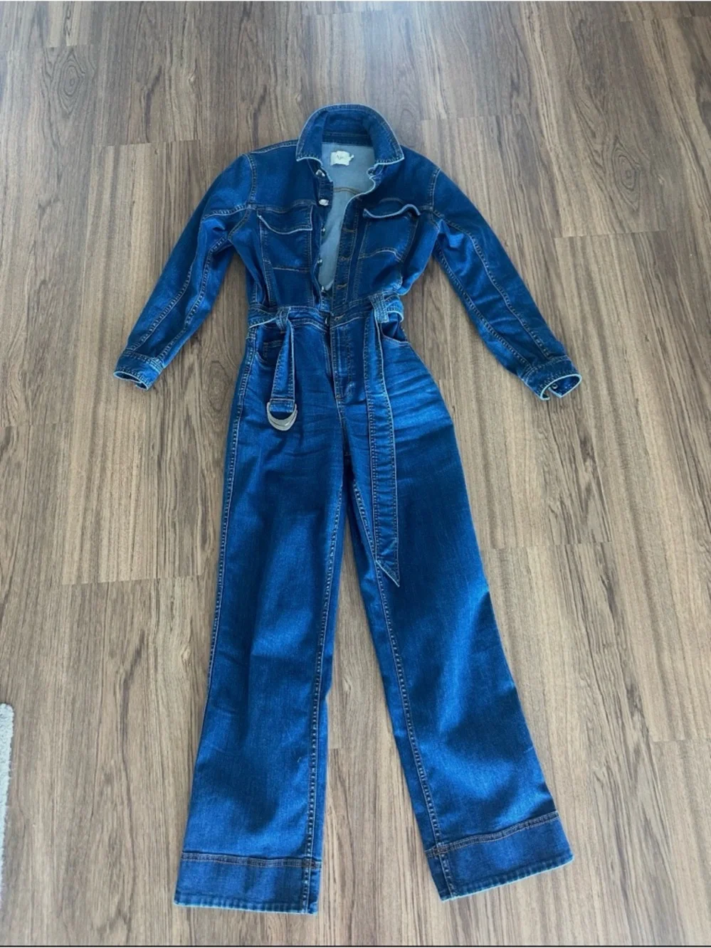Dark Blue Women's Denim Jumpsuit with Belt - Picture 2 of 4